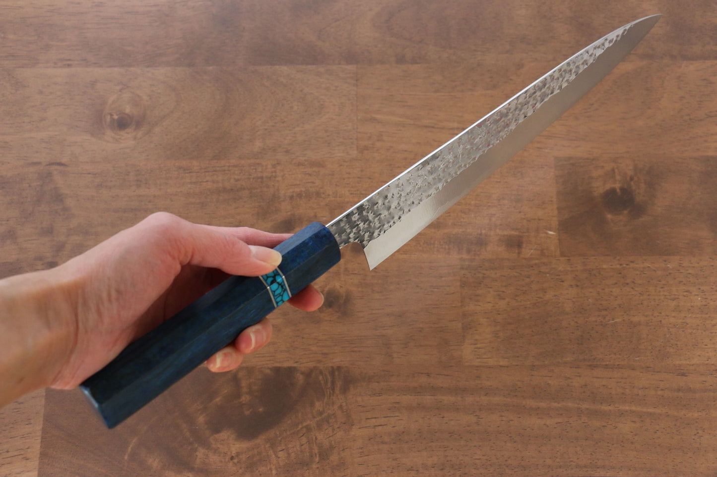 Yu Kurosaki Senko R2/SG2 Hammered Sujihiki Japanese Knife 240mm Maple(With turquoise ring Blue) Handle - Japanny - Best Japanese Knife