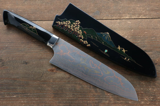 Takeshi Saji Blue Steel No.2 Colored Damascus Maki-e Art  Santoku Japanese Knife 180mm with Lacquered Handle (Fuji) - Japanny - Best Japanese Knife