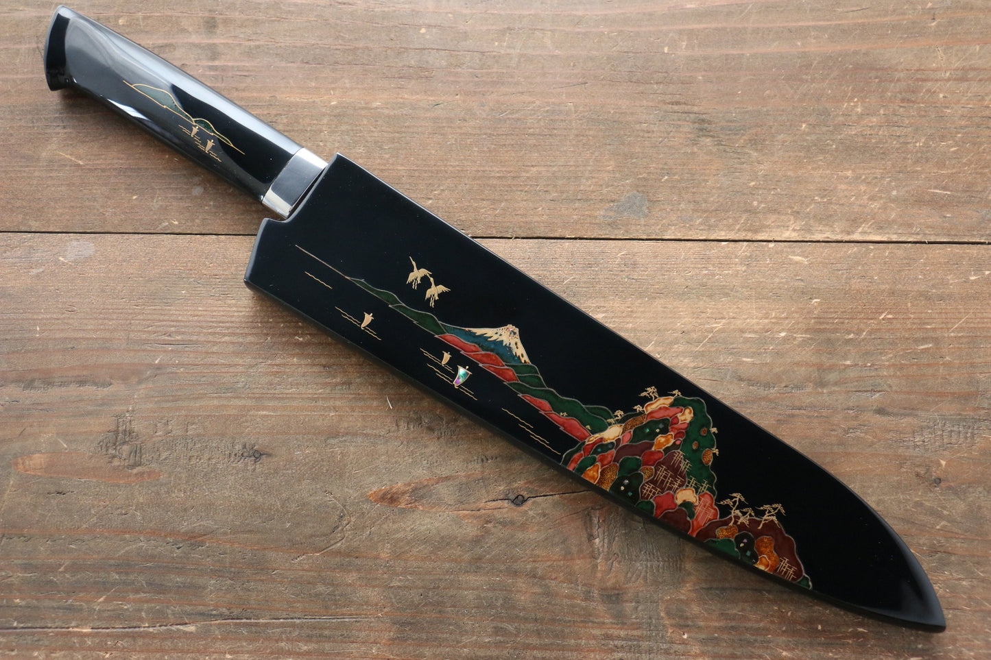 Takeshi Saji Blue Steel No.2 Colored Damascus Maki-e Art  Gyuto Japanese Knife 240mm with Lacquered Handle (Fuji) - Japanny - Best Japanese Knife