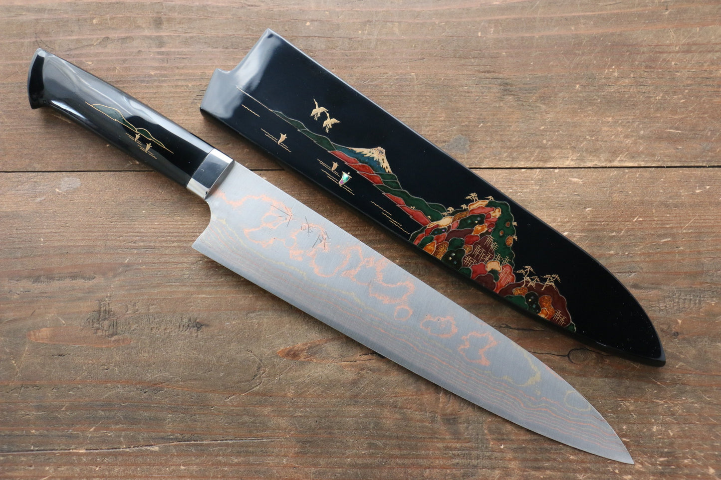 Takeshi Saji Blue Steel No.2 Colored Damascus Maki-e Art  Gyuto Japanese Knife 240mm with Lacquered Handle (Fuji) - Japanny - Best Japanese Knife