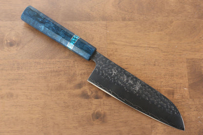 Yu Kurosaki Senko R2/SG2 Hammered Santoku Japanese Knife 165mm Maple(With turquoise ring Blue) Handle - Japanny - Best Japanese Knife