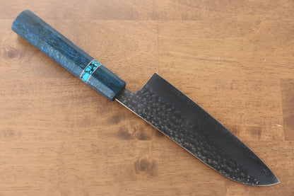 Yu Kurosaki Senko R2/SG2 Hammered Santoku Japanese Knife 165mm Maple(With turquoise ring Blue) Handle - Japanny - Best Japanese Knife