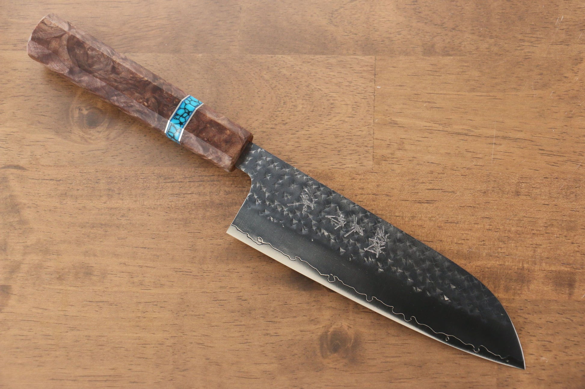 Yu Kurosaki Senko R2/SG2 Hammered Santoku Japanese Knife 165mm Maple(With turquoise ring Mokume) Handle - Japanny - Best Japanese Knife