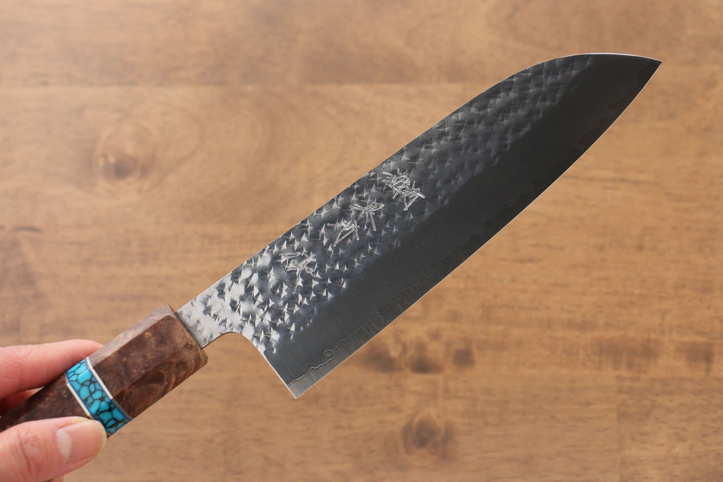 Yu Kurosaki Senko R2/SG2 Hammered Santoku Japanese Knife 165mm Maple(With turquoise ring Mokume) Handle - Japanny - Best Japanese Knife