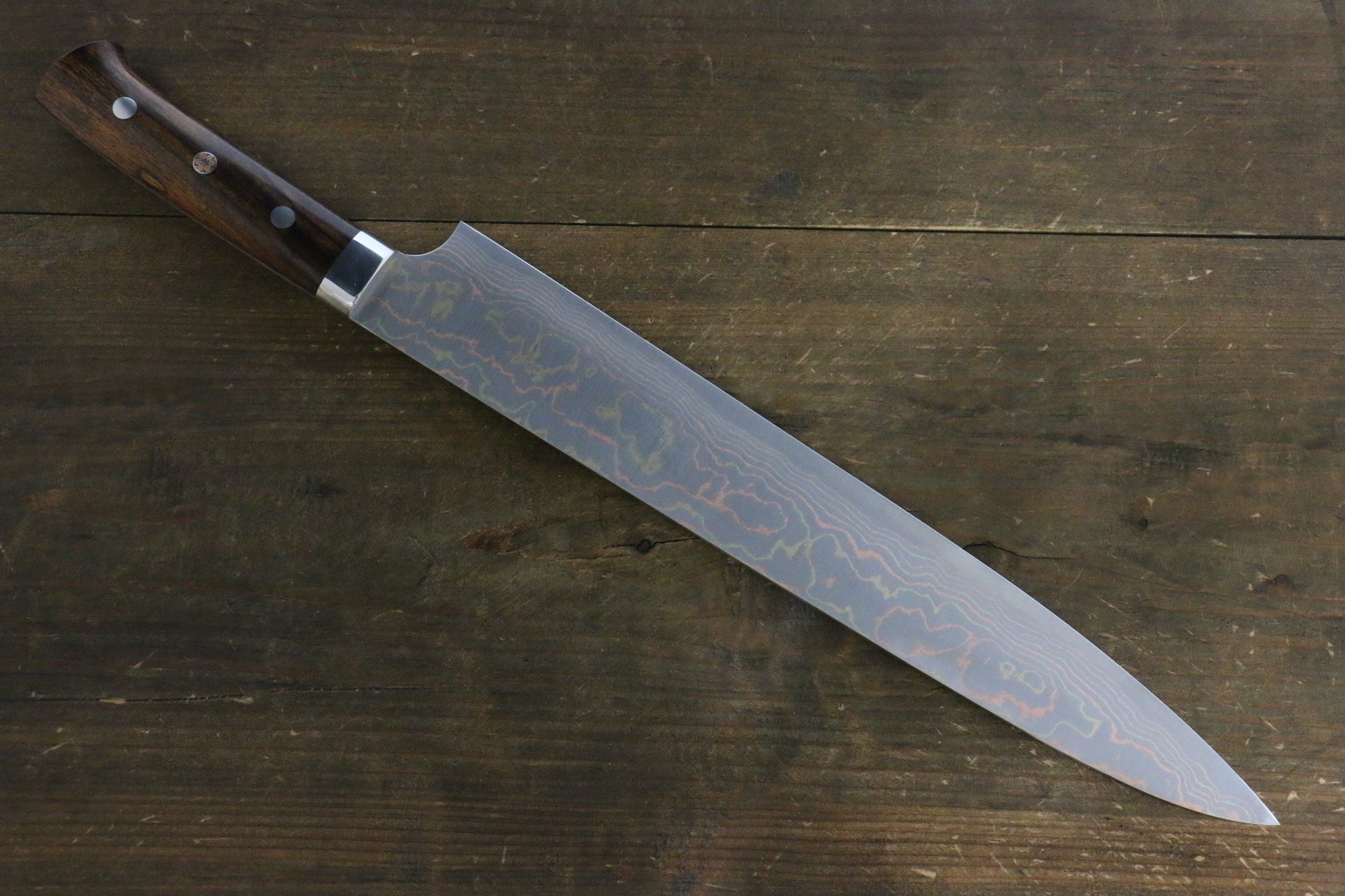 Takeshi Saji Blue Steel No.2 Colored Damascus Sujihiki Japanese Chef Knife 300mm with Iron wood Handle - Japanny - Best Japanese Knife