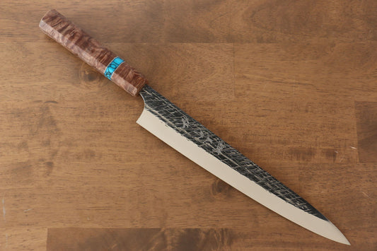 Yu Kurosaki Raijin Cobalt Special Steel Hammered Sujihiki Japanese Knife 240mm Maple(With turquoise ring Mokume) Handle - Japanny - Best Japanese Knife