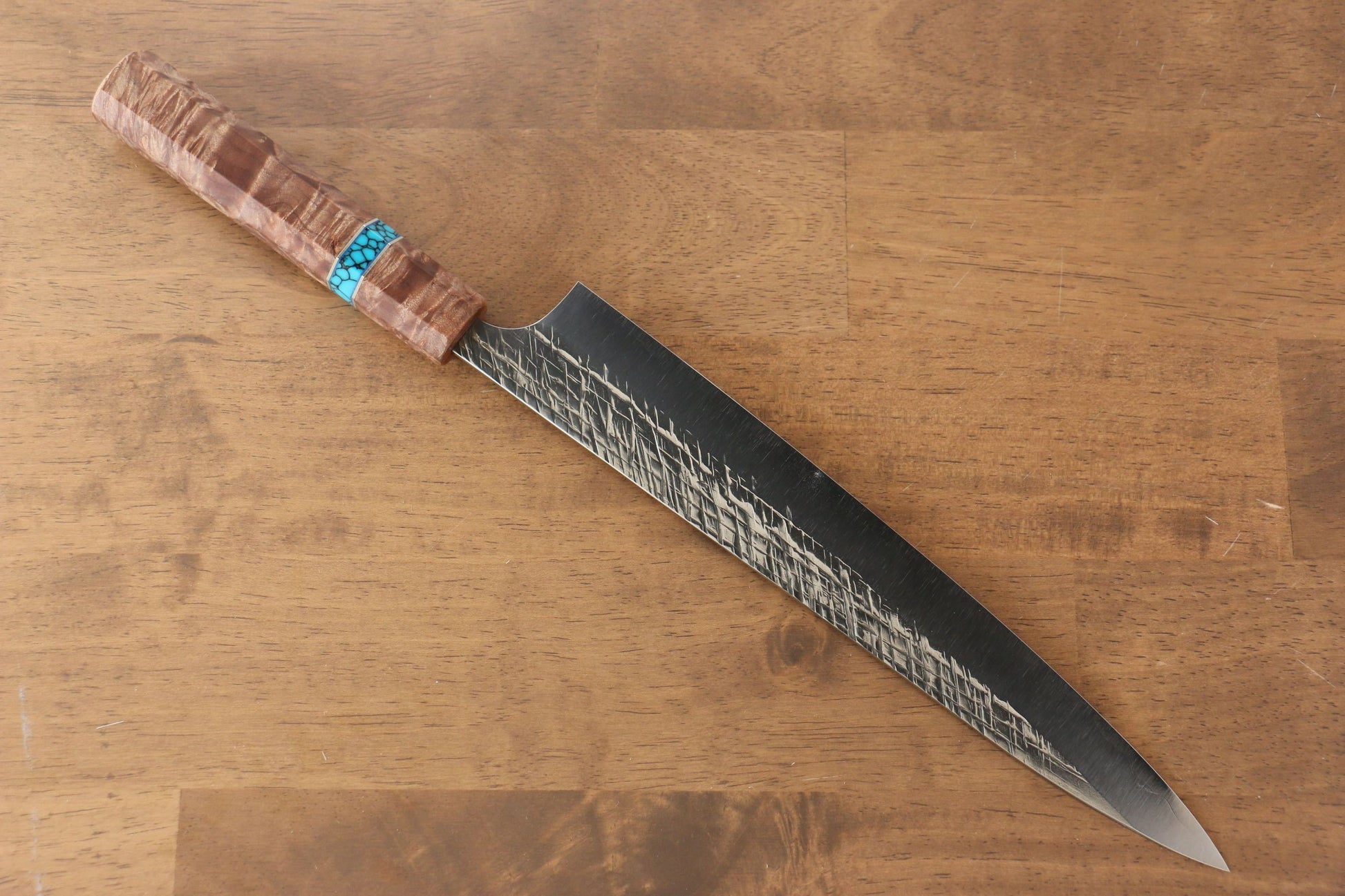 Yu Kurosaki Raijin Cobalt Special Steel Hammered Sujihiki Japanese Knife 240mm Maple(With turquoise ring Mokume) Handle - Japanny - Best Japanese Knife