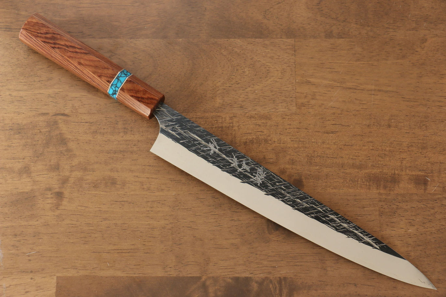 Yu Kurosaki Raijin Cobalt Special Steel Hammered Sujihiki Japanese Knife 240mm Maple(With turquoise ring Brown) Handle - Japanny - Best Japanese Knife