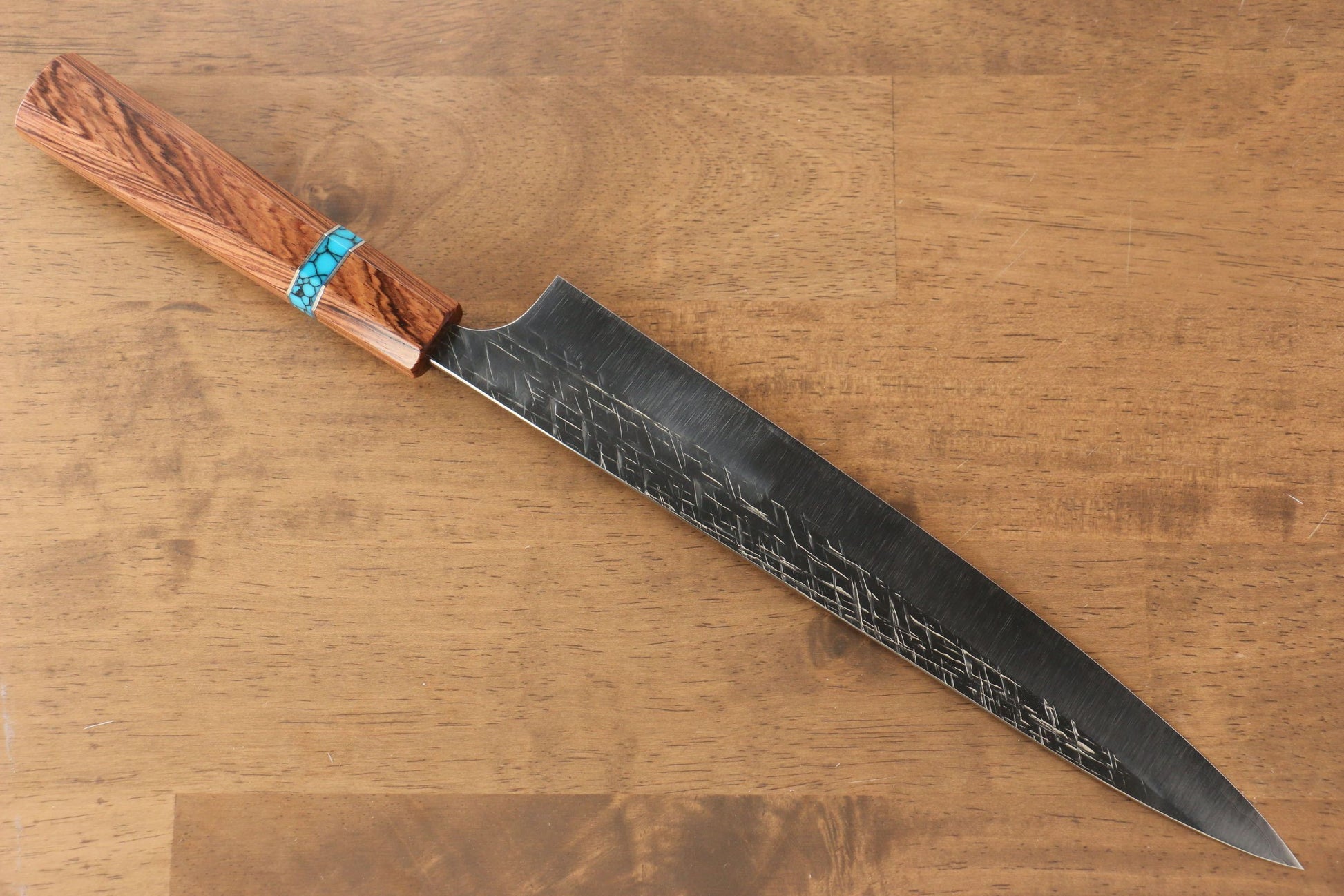 Yu Kurosaki Raijin Cobalt Special Steel Hammered Sujihiki Japanese Knife 240mm Maple(With turquoise ring Brown) Handle - Japanny - Best Japanese Knife