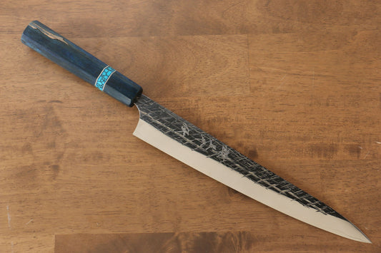 Yu Kurosaki Raijin Cobalt Special Steel Hammered Sujihiki Japanese Knife 240mm Maple(With turquoise ring Blue) Handle - Japanny - Best Japanese Knife