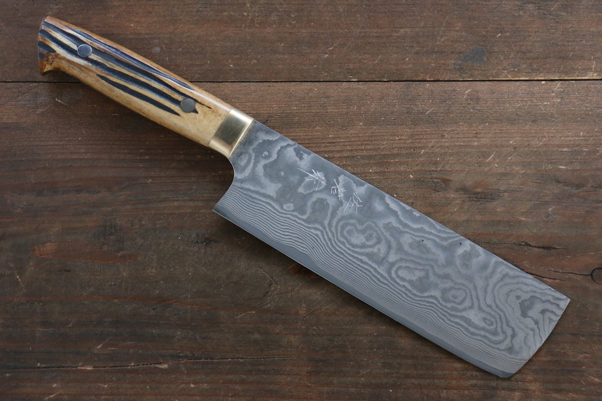 Takeshi Saji VG10 Black Damascus Nakiri Japanese Chef Knife 170mm with Brown Bone Handle - Japanny - Best Japanese Knife