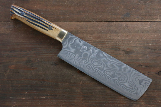 Takeshi Saji VG10 Black Damascus Nakiri Japanese Chef Knife 170mm with Brown Bone Handle - Japanny - Best Japanese Knife