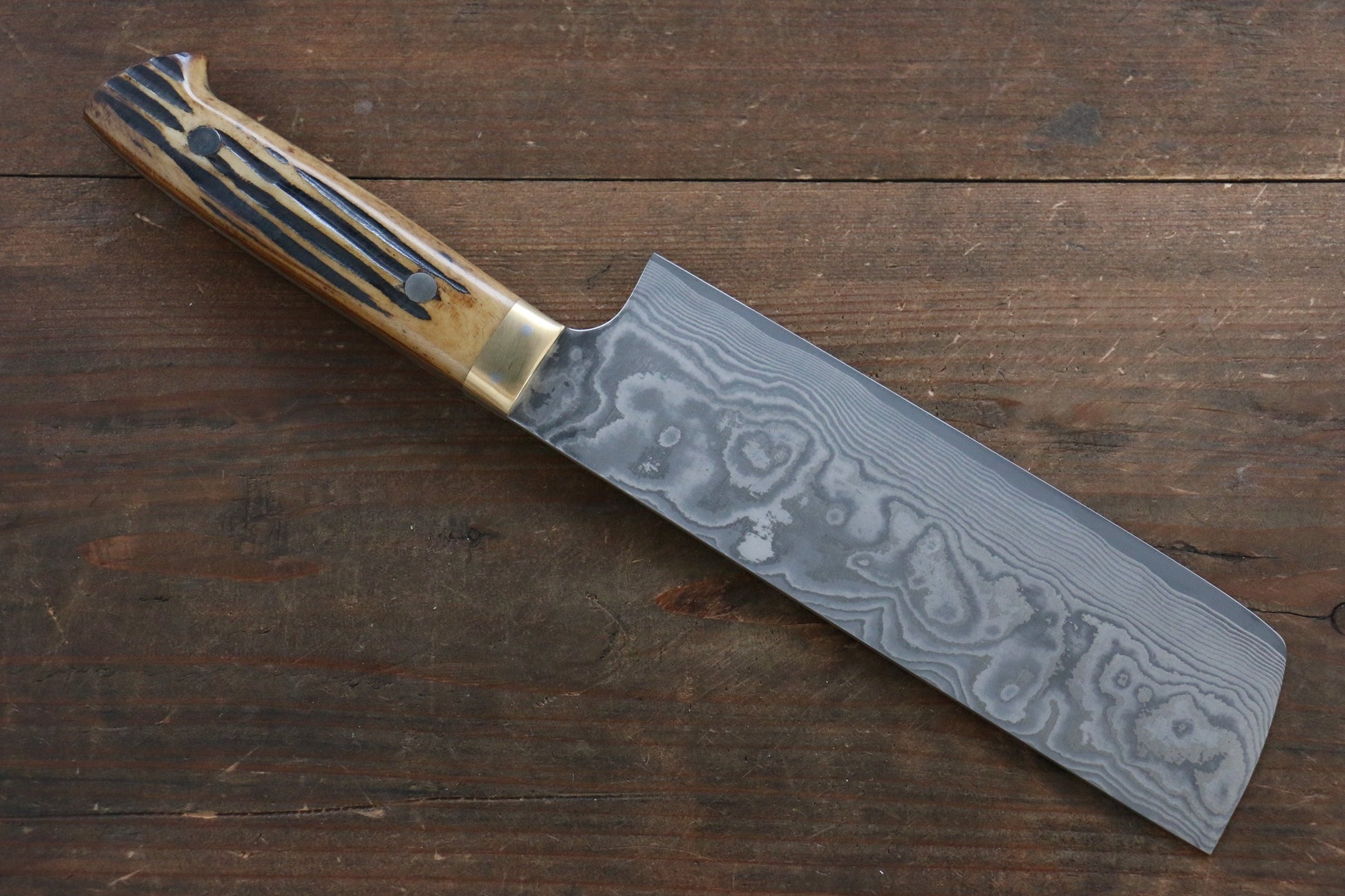 Takeshi Saji VG10 Black Damascus Nakiri Japanese Chef Knife 170mm with Brown Bone Handle - Japanny - Best Japanese Knife