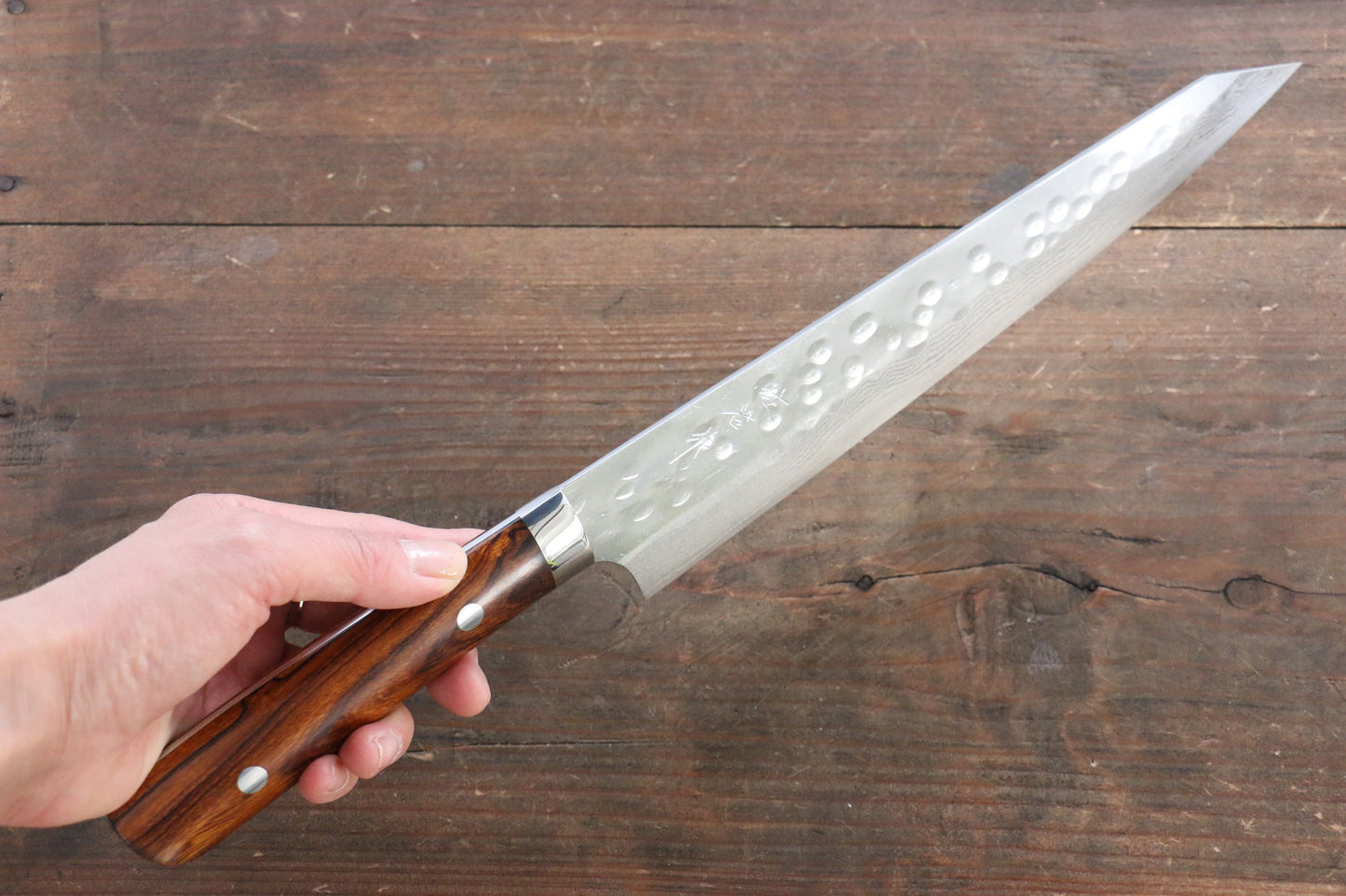 Takeshi Saji SRS13 Hammered Damascus Kiritsuke Japanese Chef Knife 240mm (Slender) with Iron Wood handle handle - Japanny - Best Japanese Knife