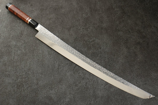Thương hiệu Yu Kurosaki Giọt sương rơi Shizuku Thép xanh No.2 Tráng gương  Rèn thủ công Dao thái cá, shashimi chuyên dụng Yanagiba (cán tròn) dao Nhật 450mm chuôi dao gỗ cây Karin, có kèm bao