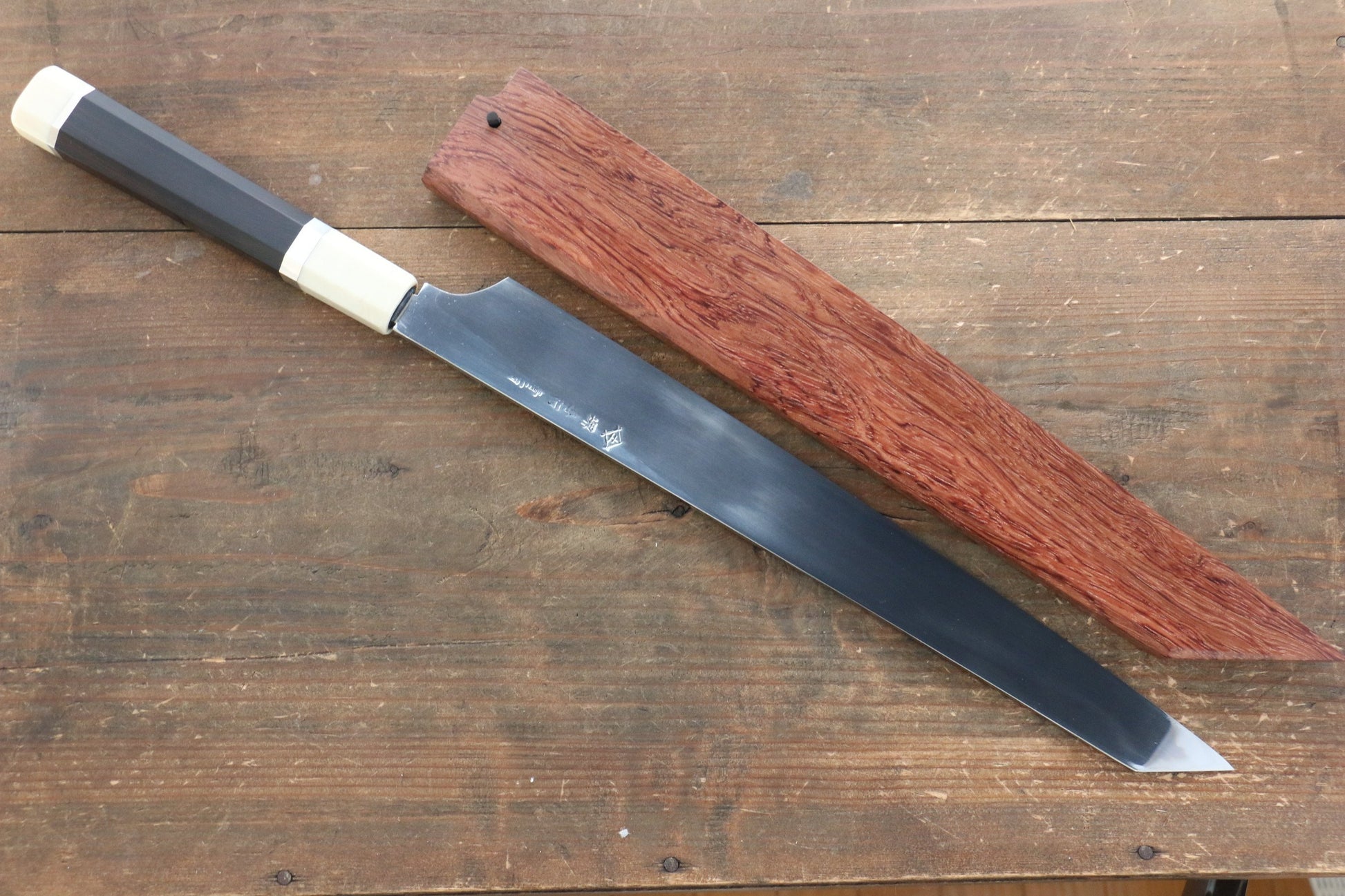 Sakai Takayuki Blue Steel No.1 Yanagiba Japanese Knife 300mm with Chinese Quince with Triple Ring Handle with Saya - Japanny - Best Japanese Knife