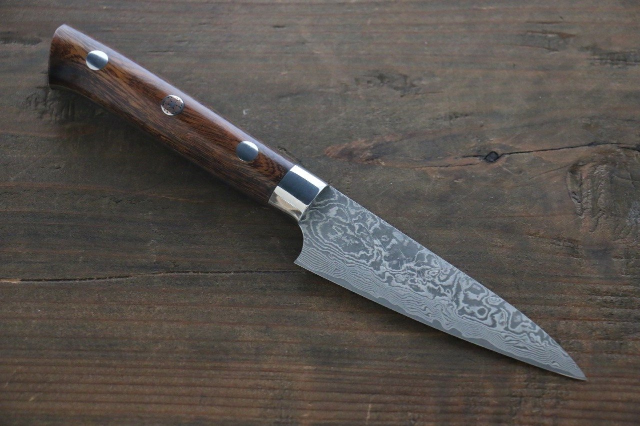 Saji R2/SG2 Black Damascus Petty Japanese Chef Knife 90mm with Iron Wood handle - Japanny - Best Japanese Knife