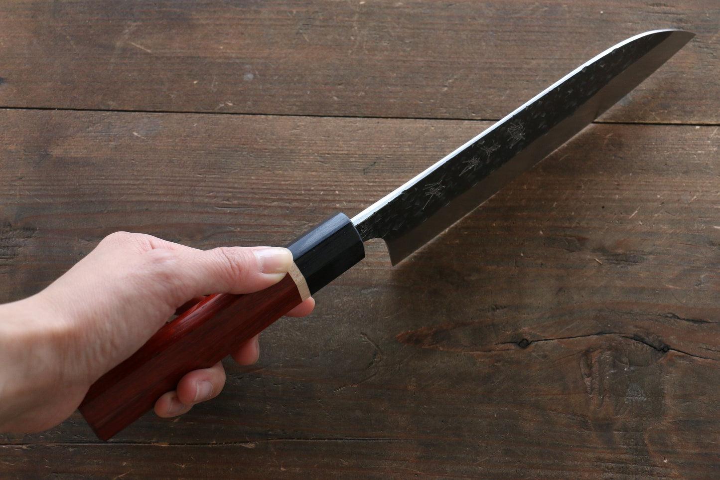 Yu Kurosaki Blue Super Clad Hammered Kurouchi Santoku Japanese Chef Knife 170mm with Padoauk handle - Japanny - Best Japanese Knife