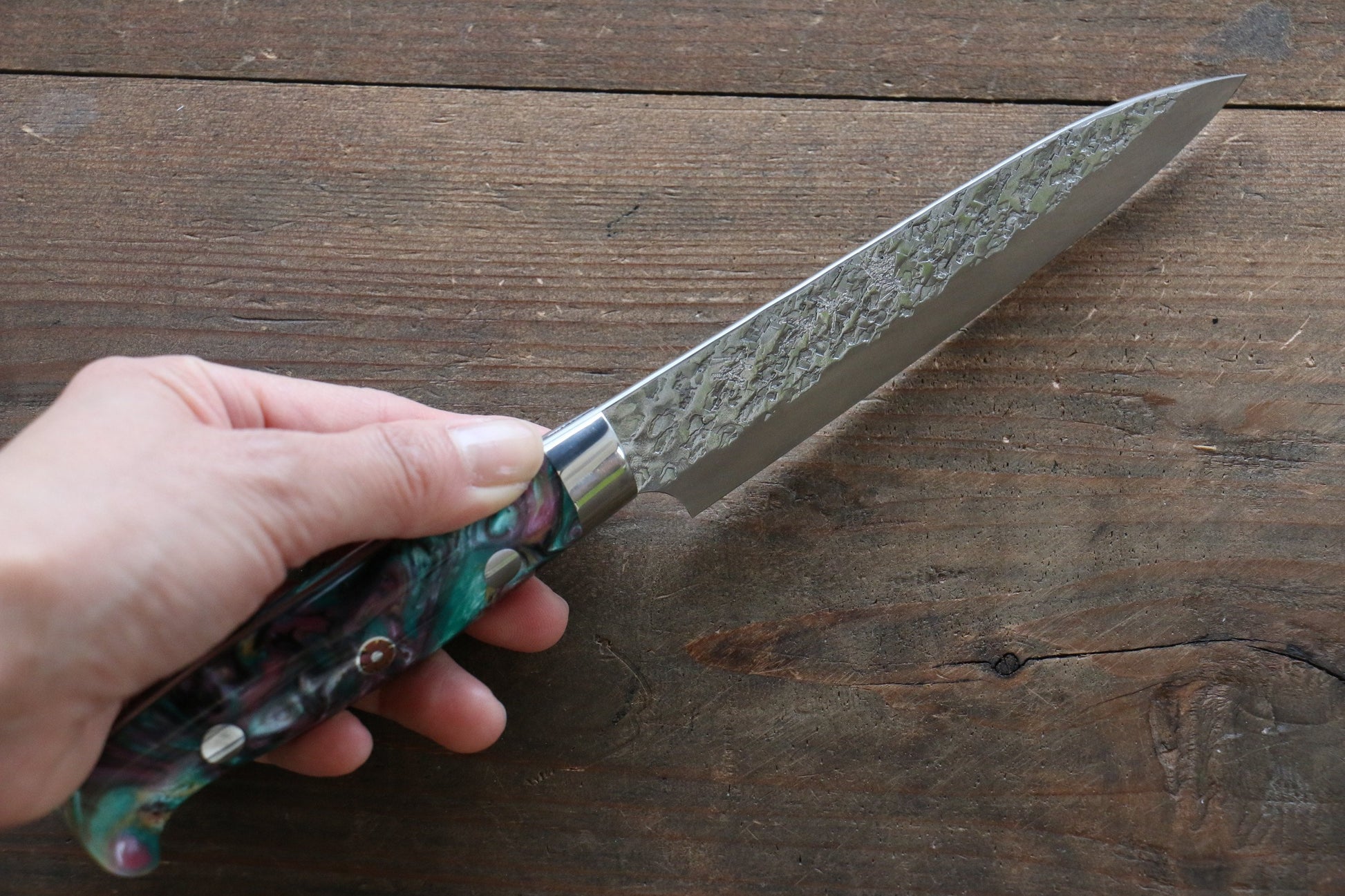 Yu Kurosaki R2/SG2 Hammered Petty Japanese Chef Knife 130mm with Green Marble handle - Japanny - Best Japanese Knife