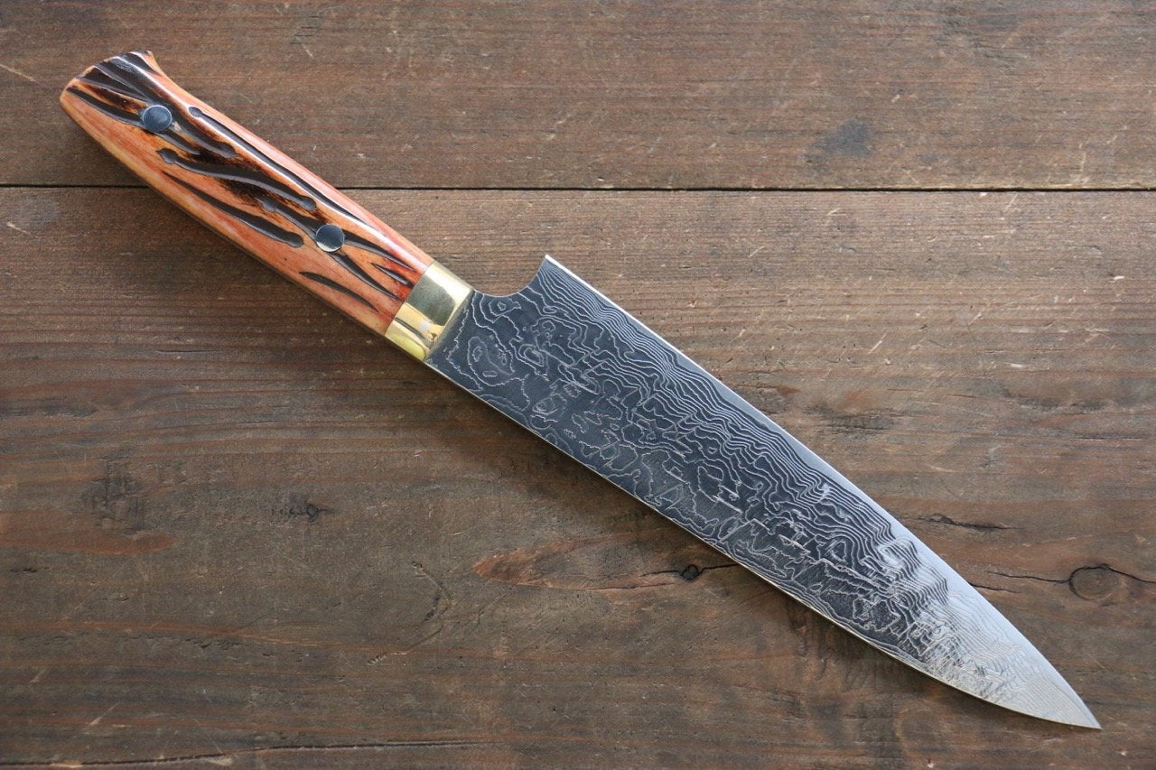 Takeshi Saji R2/SG2 Diamond Finish Damascus Gyuto Japanese Chef Knife 180mm with Orange Bone Handle - Japanny - Best Japanese Knife