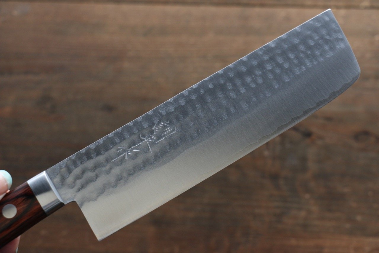 訓平 V金1号 鎚目 薄刃包丁 165MM マホガニー柄 Kunihira VG1 Hammered Usuba Japanese Chef Knife 165mm with Bolster - Japanny - Best Japanese Knife Free ship - Thương hiệu Kunihira VG1 Rèn thủ công Dao chuyên dụng rau củ quả Usuba dao Nhật 165mm gỗ cây GụChuôi dao