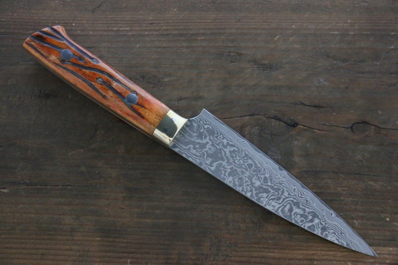 Takeshi Saji R2/SG2 Black Damascus Petty Japanese Chef Knife 135mm with Orange Bone Handle - Japanny - Best Japanese Knife