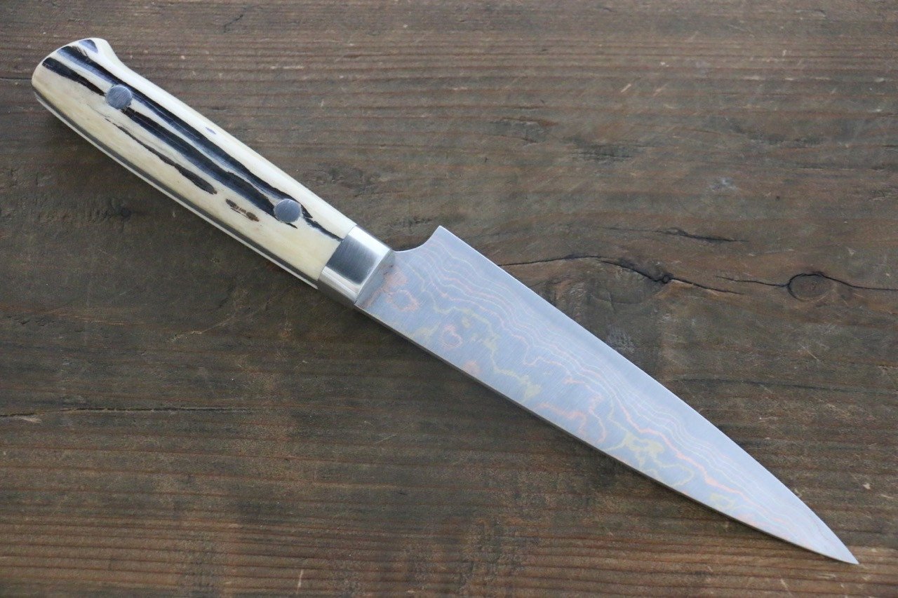 Takeshi Saji Blue Steel No.2 Colored Damascus  Petty Japanese Chef Knife 135mm with White Bone handle - Japanny - Best Japanese Knife