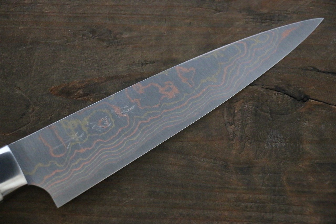 Takeshi Saji Blue Steel No.2 Colored Damascus  Petty Japanese Chef Knife 135mm with White Bone handle - Japanny - Best Japanese Knife