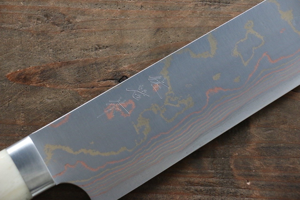 Takeshi Saji Blue Steel No.2 Colored Damascus  Sujihiki Japanese Chef Knife 270mm with White Bone Handle - Japanny - Best Japanese Knife