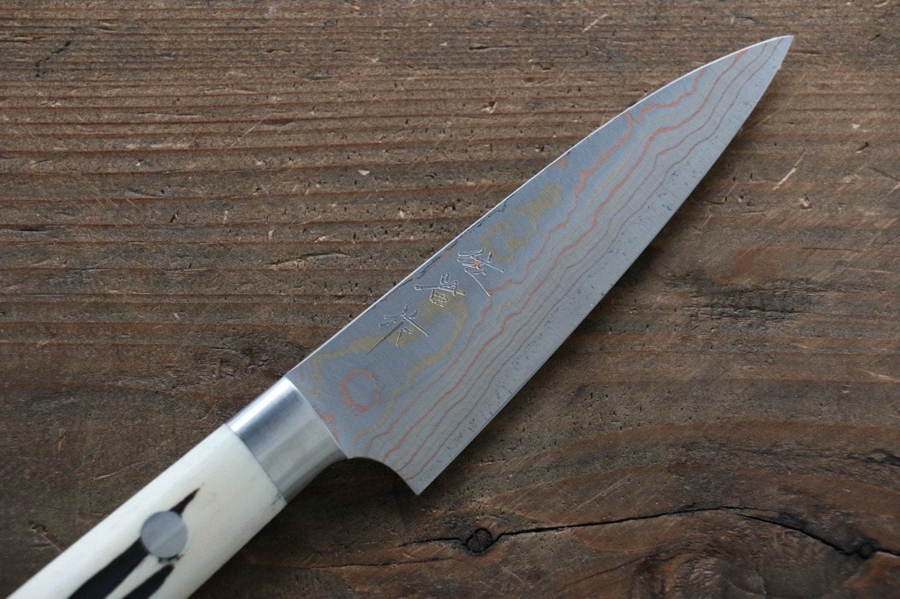 Takeshi Saji Blue Steel No.2 Colored Damascus  Petty Japanese Chef Knife 90mm with White Bone Handle - Japanny - Best Japanese Knife