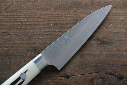 Takeshi Saji Blue Steel No.2 Colored Damascus  Petty Japanese Chef Knife 90mm with White Bone Handle - Japanny - Best Japanese Knife