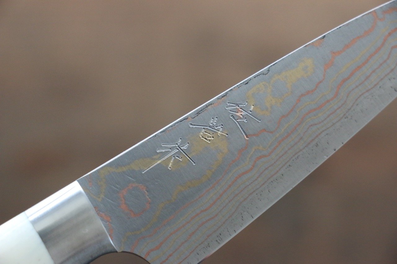 Takeshi Saji Blue Steel No.2 Colored Damascus  Petty Japanese Chef Knife 90mm with White Bone Handle - Japanny - Best Japanese Knife