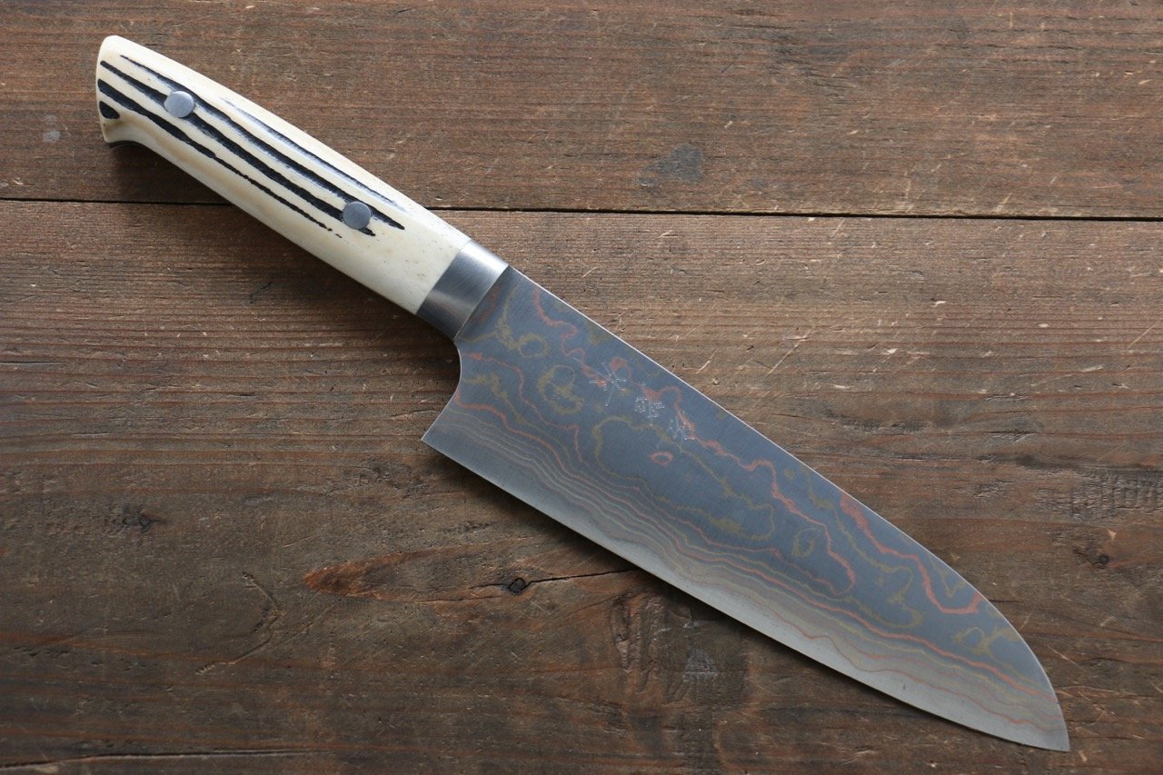 Takeshi Saji Blue Steel No.2 Colored Damascus  Santoku Japanese Chef Knife 180mm with White Bone Handle - Japanny - Best Japanese Knife