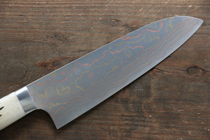 Takeshi Saji Blue Steel No.2 Colored Damascus  Santoku Japanese Chef Knife 180mm with White Bone Handle - Japanny - Best Japanese Knife