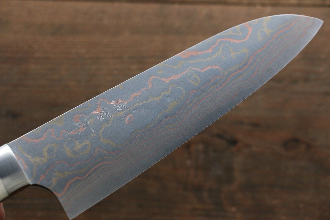 Takeshi Saji Blue Steel No.2 Colored Damascus  Santoku Japanese Chef Knife 180mm with White Bone Handle - Japanny - Best Japanese Knife