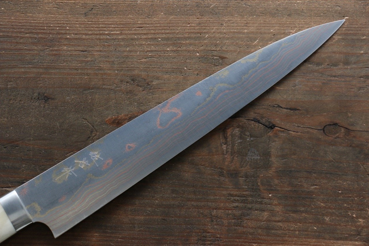 Takeshi Saji Blue Steel No.2 Colored Damascus  Sujihiki Japanese Chef Knife 240mm with White Bone Handle - Japanny - Best Japanese Knife