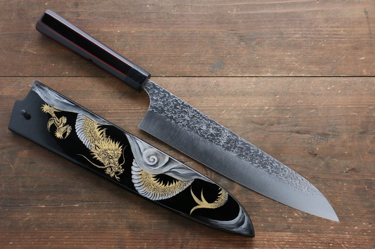 Yu Kurosaki Shizuku R2/SG2 Hammered Gyuto Japanese Knife 240mm with Lacquered Handle with Saya (Dragon) - Japanny - Best Japanese Knife