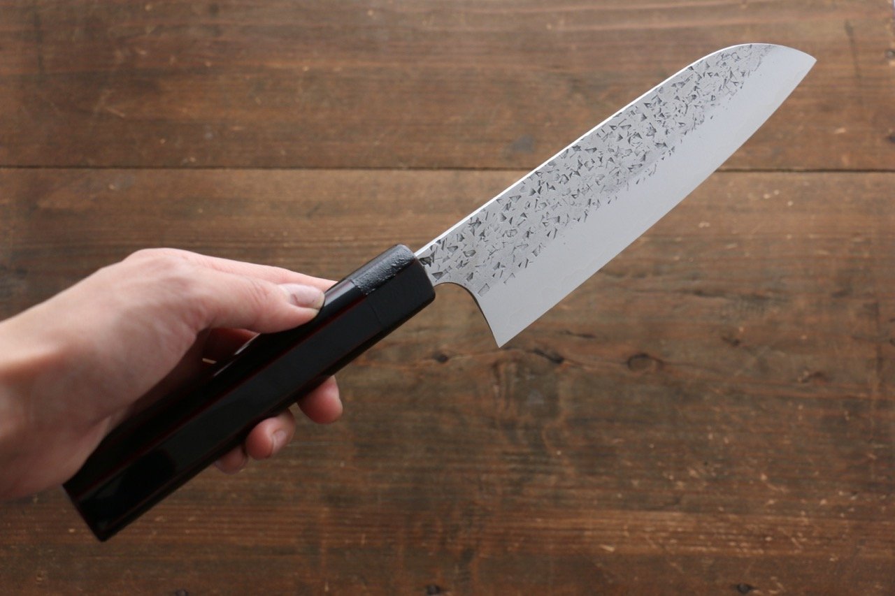 Yu Kurosaki Shizuku R2/SG2 Hammered Santoku Japanese Knife 165mm with Lacquered Handle - Japanny - Best Japanese Knife