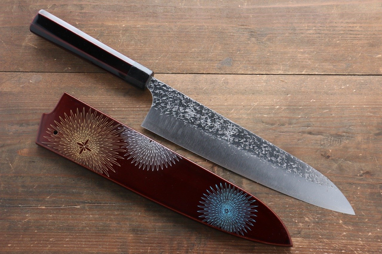 Yu Kurosaki Shizuku R2/SG2 Hammered Gyuto Japanese Knife 240mm with Lacquered Handle with Chinkin Saya (Hanabi) - Japanny - Best Japanese Knife