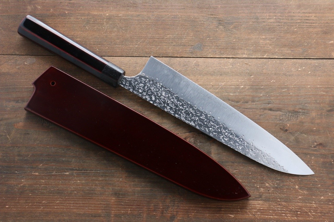 Yu Kurosaki Shizuku R2/SG2 Hammered Gyuto Japanese Knife 240mm with Lacquered Handle with Chinkin Saya (Hanabi) - Japanny - Best Japanese Knife