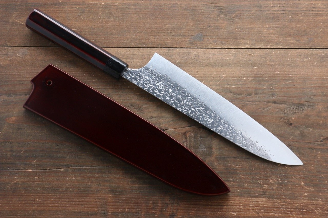 Yu Kurosaki Shizuku R2/SG2 Hammered Gyuto Japanese Knife 210mm with Lacquered Handle with Chinkin Saya (Hanabi) - Japanny - Best Japanese Knife
