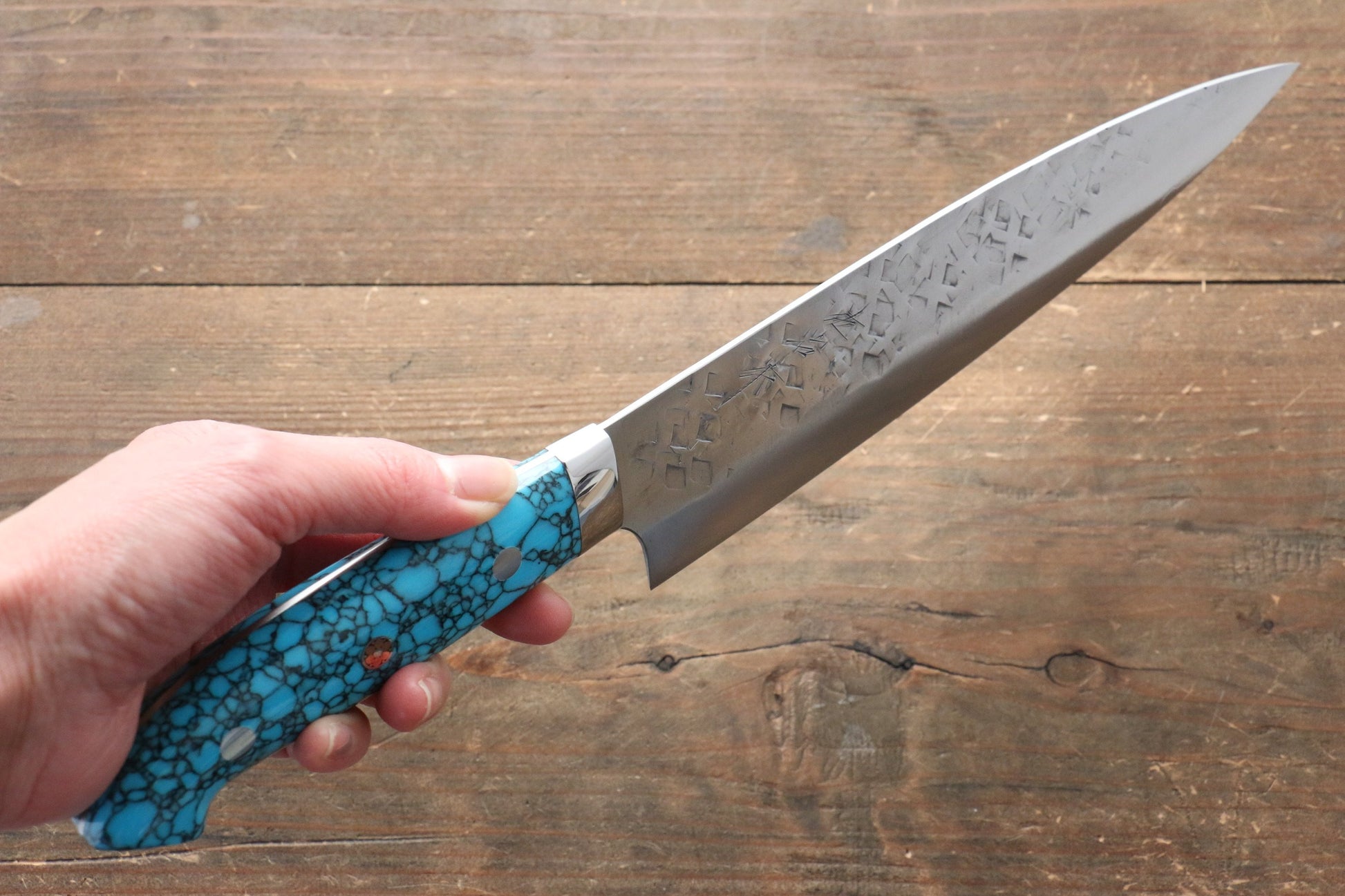 Takeshi Saji SRS13 Hammered Gyuto Japanese Knife 210mm with Blue Turquoise (Nomura Style) Handle - Japanny - Best Japanese Knife