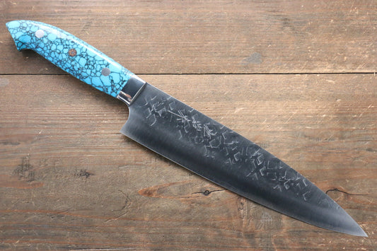 Takeshi Saji SRS13 Hammered Gyuto Japanese Knife 210mm with Blue Turquoise (Nomura Style) Handle - Japanny - Best Japanese Knife