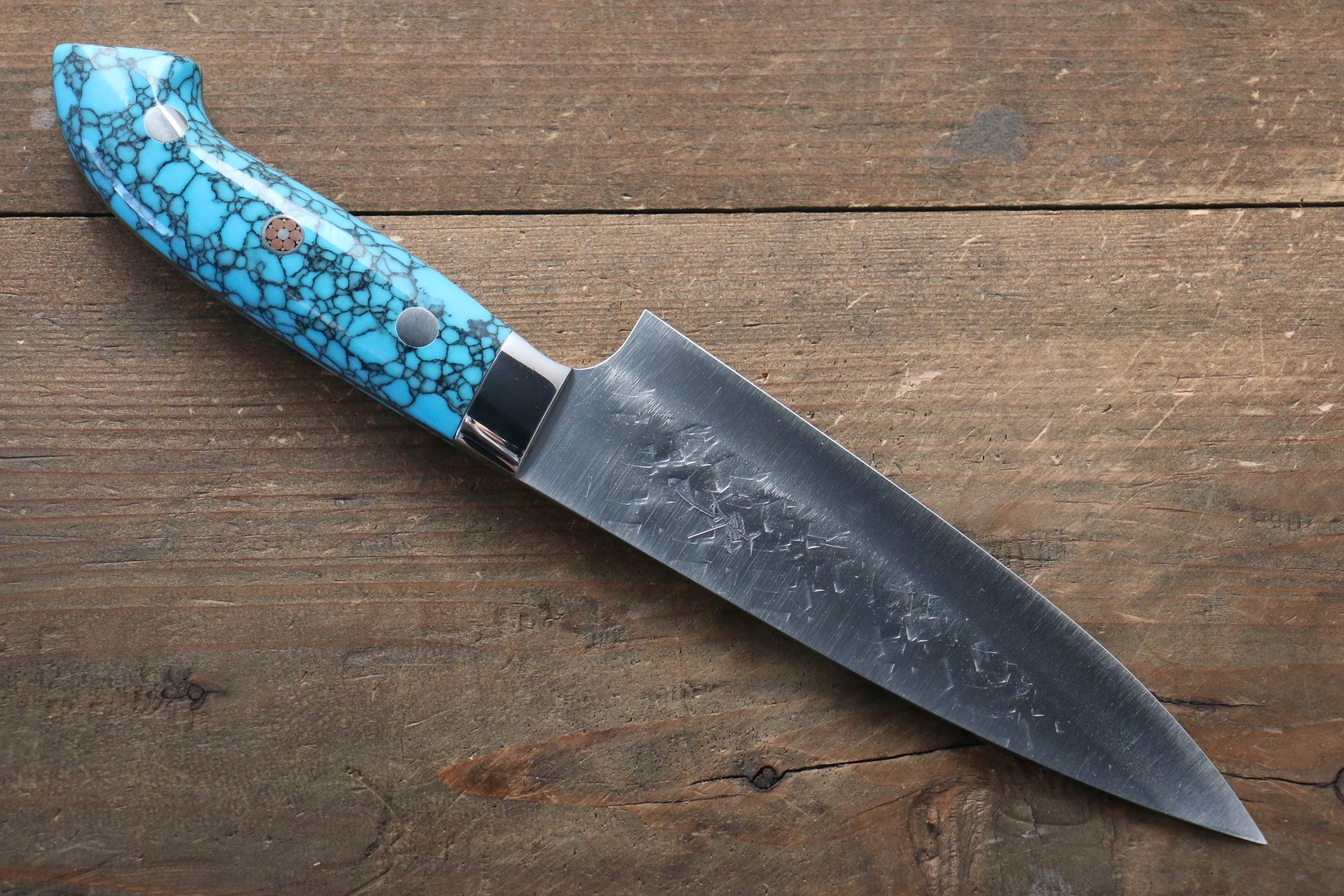 Takeshi Saji SRS13 Hammered Petty-Utility Japanese Knife 135mm with Blue Turquoise (Nomura Style) Handle - Japanny - Best Japanese Knife
