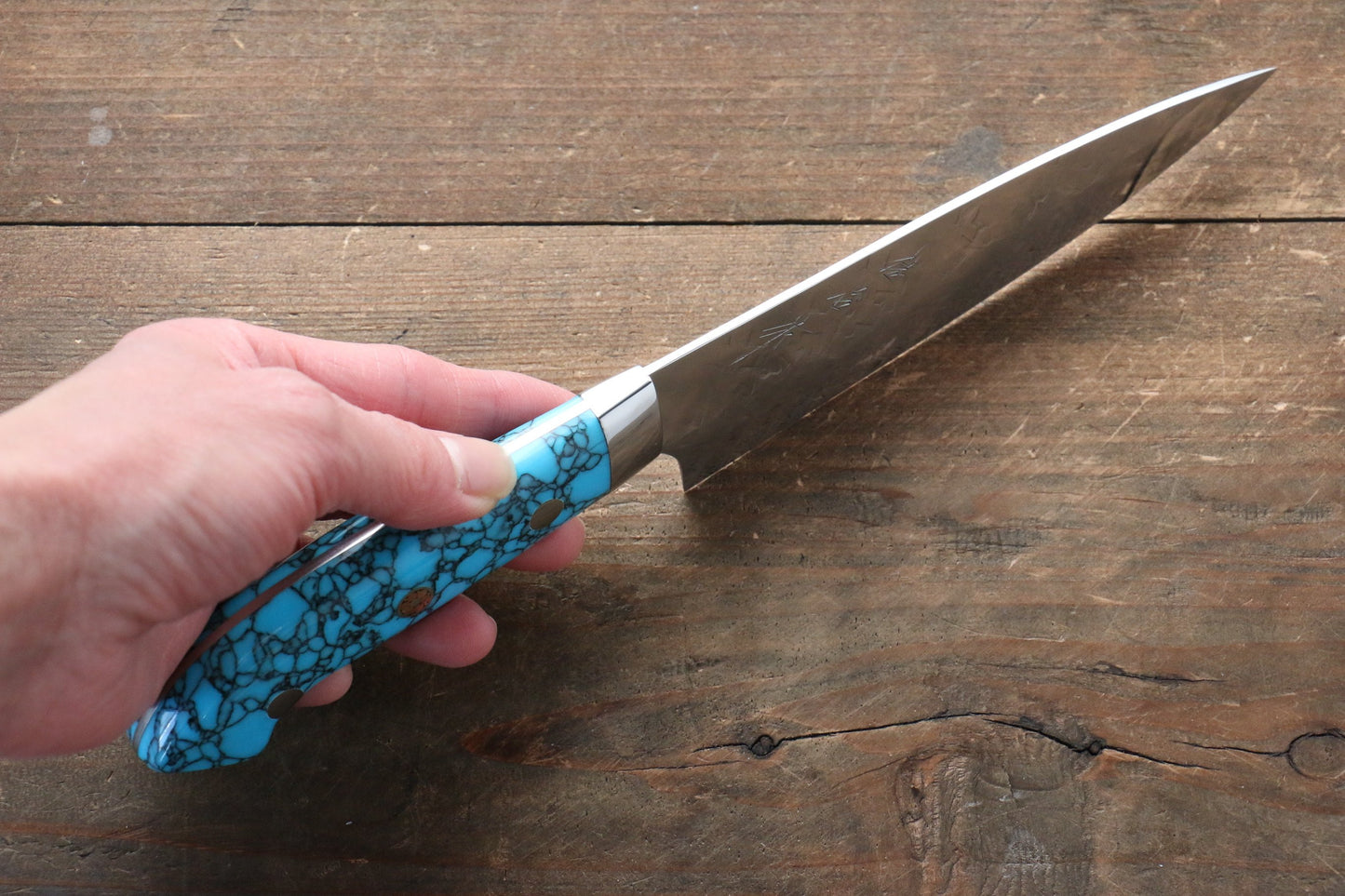 Takeshi Saji SRS13 Hammered Petty-Utility Japanese Knife 135mm with Blue Turquoise (Nomura Style) Handle - Japanny - Best Japanese Knife