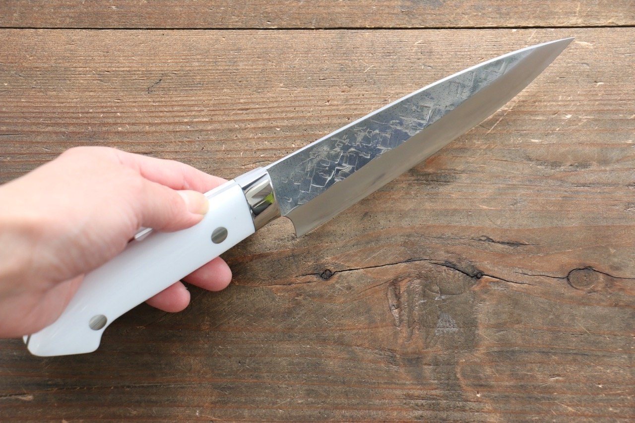 Takeshi Saji SRS13 Hammered Petty Japanese Chef Knife 130mm with White Stone Handle - Japanny - Best Japanese Knife