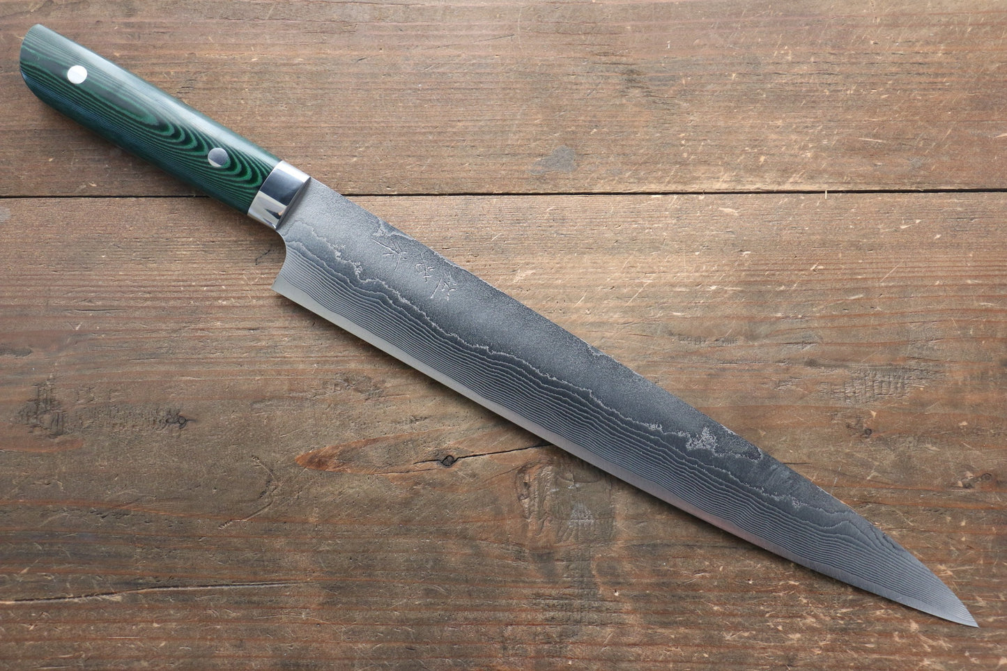 Takeshi Saji VG10 Diamond Finish Damascus Sujihiki Japanese Knife 270mm with Green Micarta Handle - Japanny - Best Japanese Knife