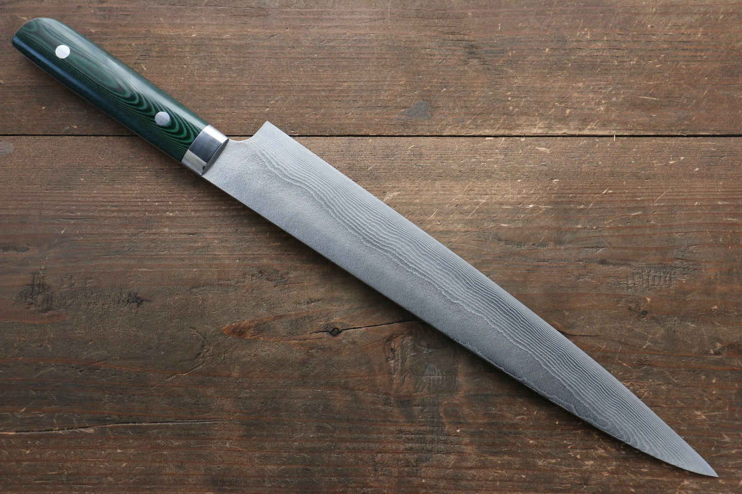 Takeshi Saji VG10 Diamond Finish Damascus Sujihiki Japanese Knife 270mm with Green Micarta Handle - Japanny - Best Japanese Knife