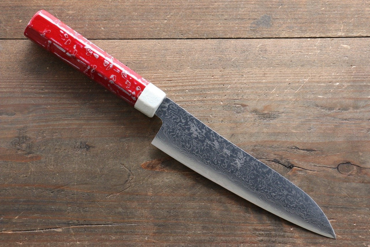 Yu Kurosaki R2/SG2 Damascus Small Santoku Japanese Knife 155mm with Red Lacquered Handle - Japanny - Best Japanese Knife