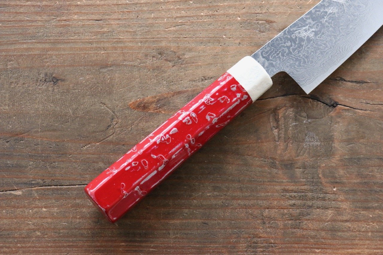 Yu Kurosaki R2/SG2 Damascus Small Santoku Japanese Knife 155mm with Red Lacquered Handle - Japanny - Best Japanese Knife